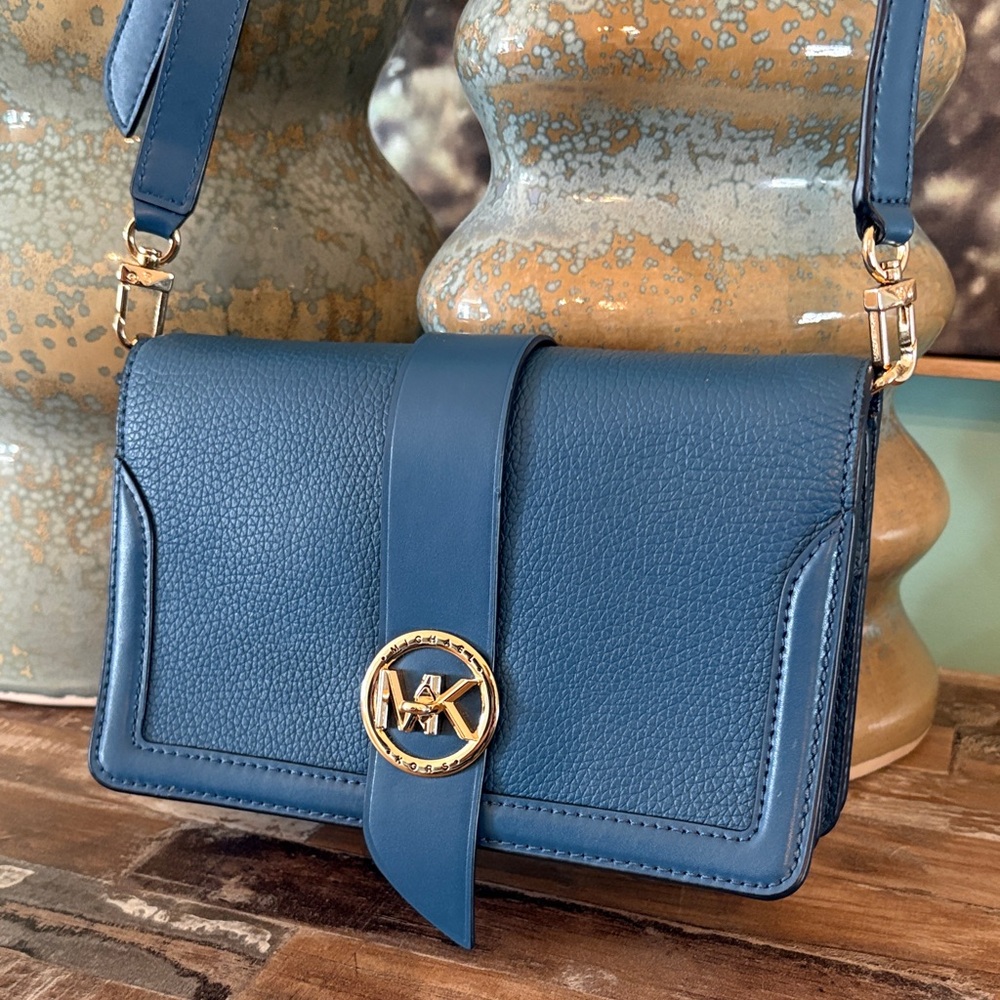 New Michael Kors Denim Blue Pebbled Leather Crossbody with Gold MK Emblem - Picture 5 of 10